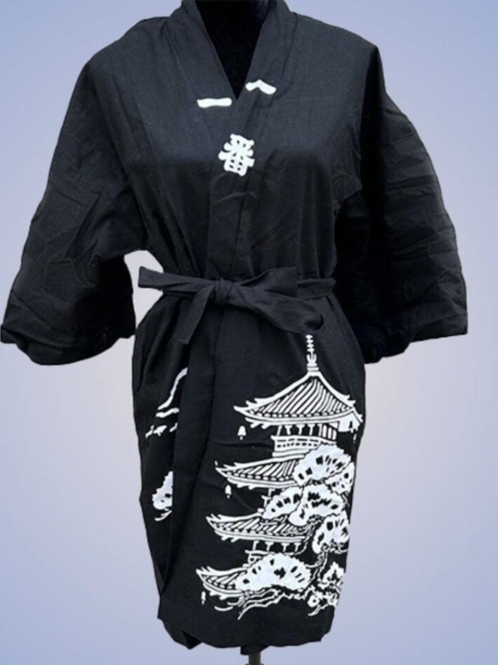 🎎 Vintage Black Kimono Robe Wrap Red White Pagoda Print Unisex XL